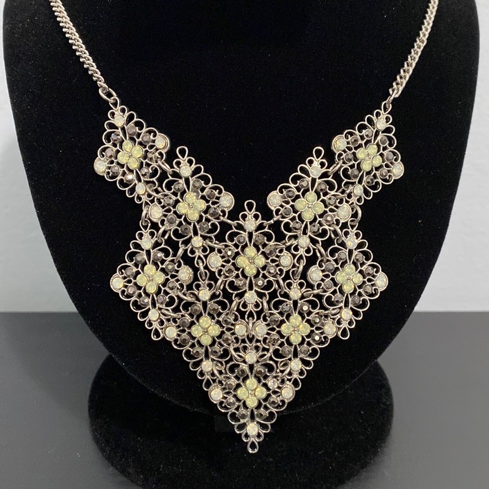 Silver Tone Bib Statement Necklace Faux Opal and Marcasite Stones